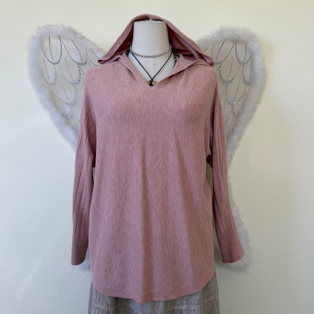Granola‎ Girl Boho Grunge Pink Knit Hooded Sweater Top Cozy Soft Loungewear